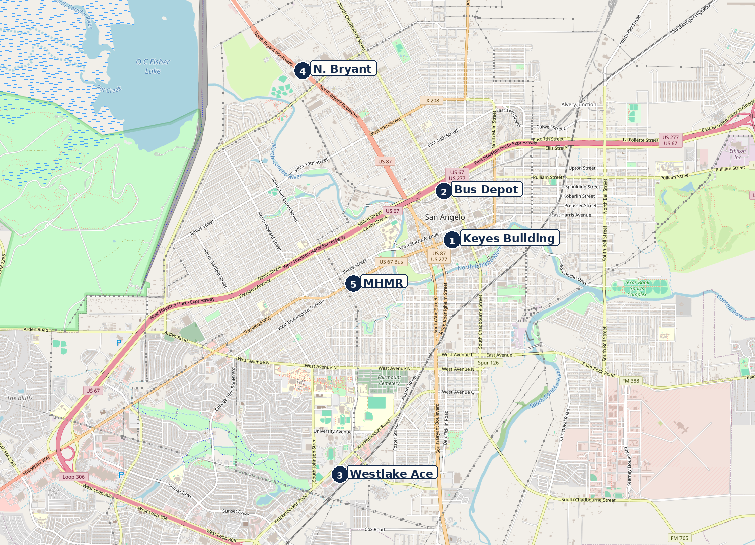 Map of San Angelo with the five early-voting places marked: Edd B. and Frances Frink Keyes Building, Concho Valley Transit District (Bus Depot), Westlake Ace Hardware, Tom Green County Polling Place, and MHMR Services for the Concho Valley.